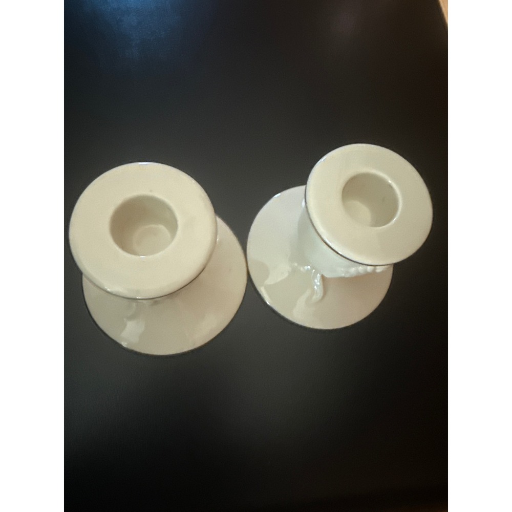 Lenox Ivory China Candlestick Holders Pair Embossed Rose Gold Trim Taper Set